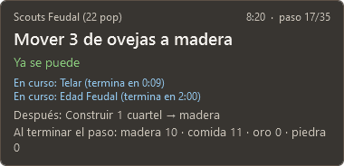 El overlay durante una partida: el paso actual (mover 3 aldeanos de ovejas a madera), lo que está en curso (telar y Edad Feudal) y cómo quedan los aldeanos al terminar el paso.